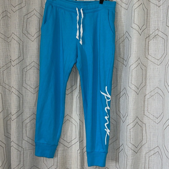 NWOT Women’s L PINK By Victoria Secret Sweatpants Logo on Leg Drawstring Pockets - Picture 1 of 11
